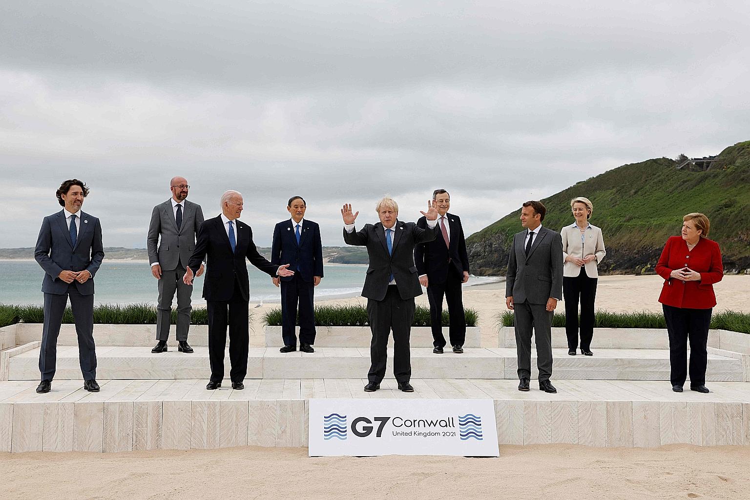 British Prime Minister Boris Johnson (centre) in Carbis Bay in the south-western English county of Cornwall on Friday, with (from left) Canadian Prime Minister Justin Trudeau, European Council president Charles Michel, US President Joe Biden, Japanes