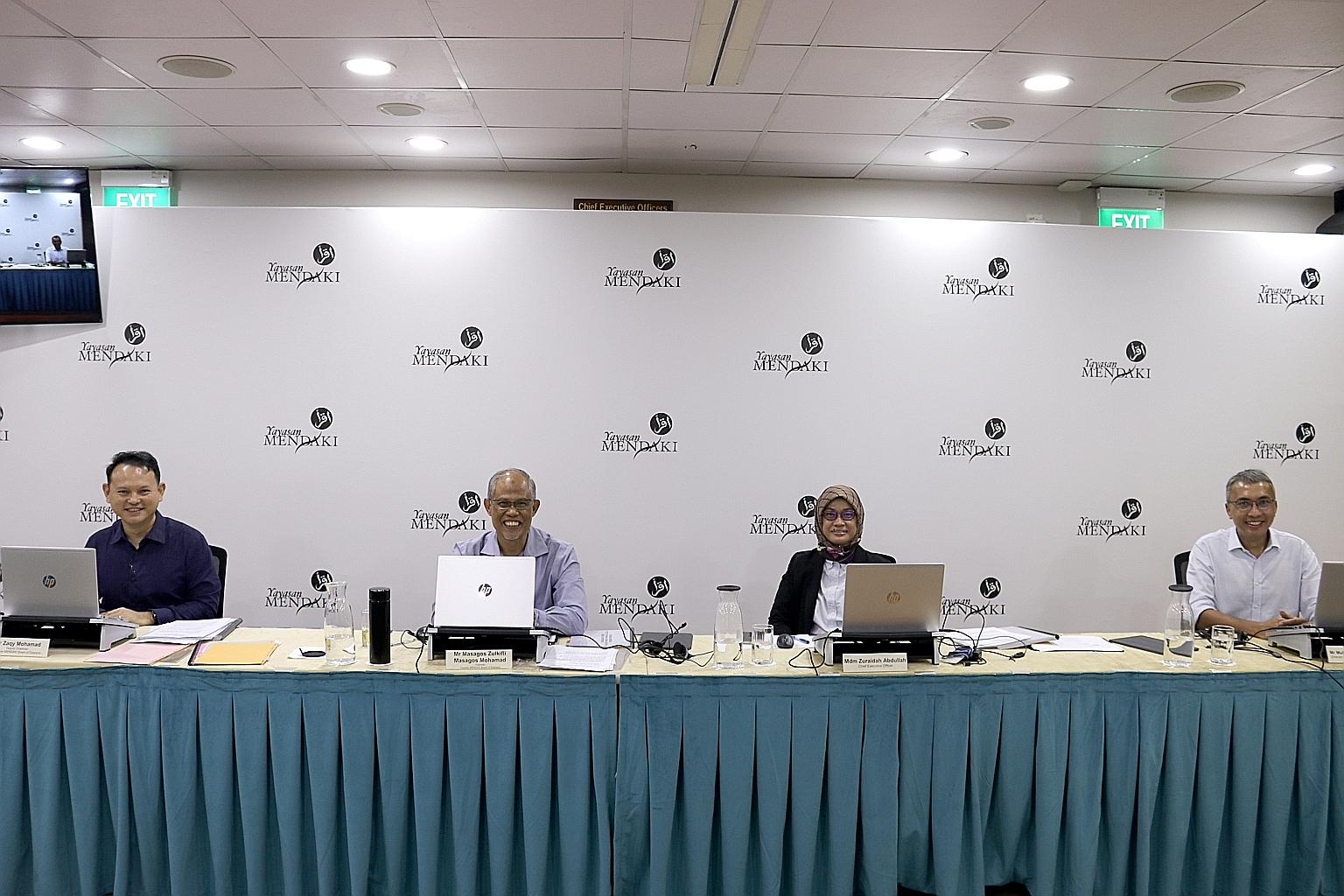(From left) Senior Minister of State for Manpower and Defence Zaqy Mohamad, Minister-in-charge of Muslim Affairs Masagos Zulkifli, who chairs Yayasan Mendaki, Mendaki chief executive Zuraidah Abdullah and Mendaki director of finance Nizar Mustafa at 