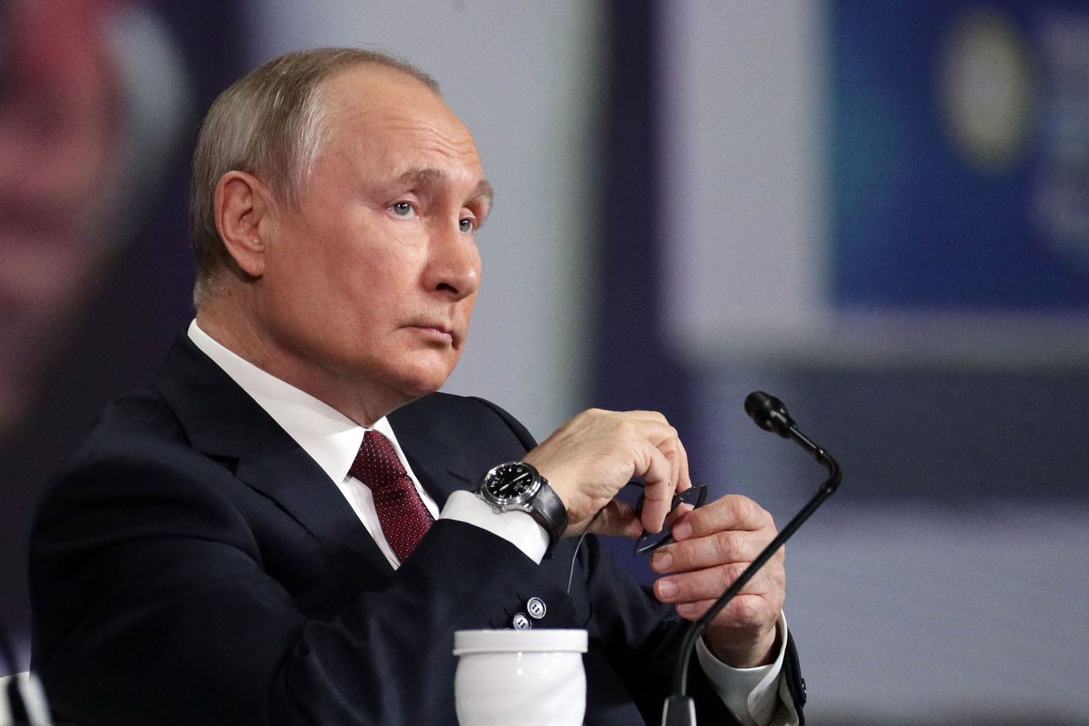 Russian President Vladimir Putin at a plenary session of the St Petersburg International Economic Forum on June 4. In an interview with US broadcaster NBC News ahead of his Geneva summit with US President Joe Biden this week, Mr Putin denied any know