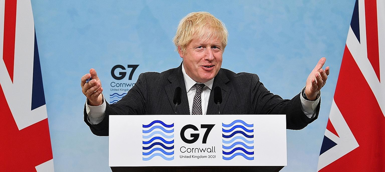 British Prime Minister Boris Johnson speaking at a news conference at the end of the Group of Seven summit in Cornwall, England, yesterday.
