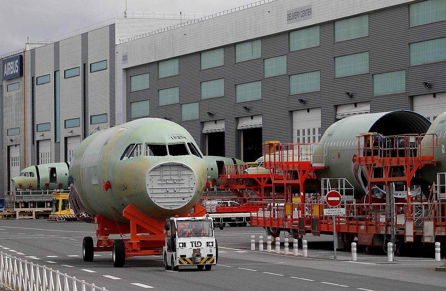 The fuselage section of an Airbus A320 being transported at the Airbus facility in Montoir-de-Bretagne near Saint-Nazaire, France, on July 1 last year. Airbus has already announced it plans to step up the manufacturing cadence of its best-selling sin