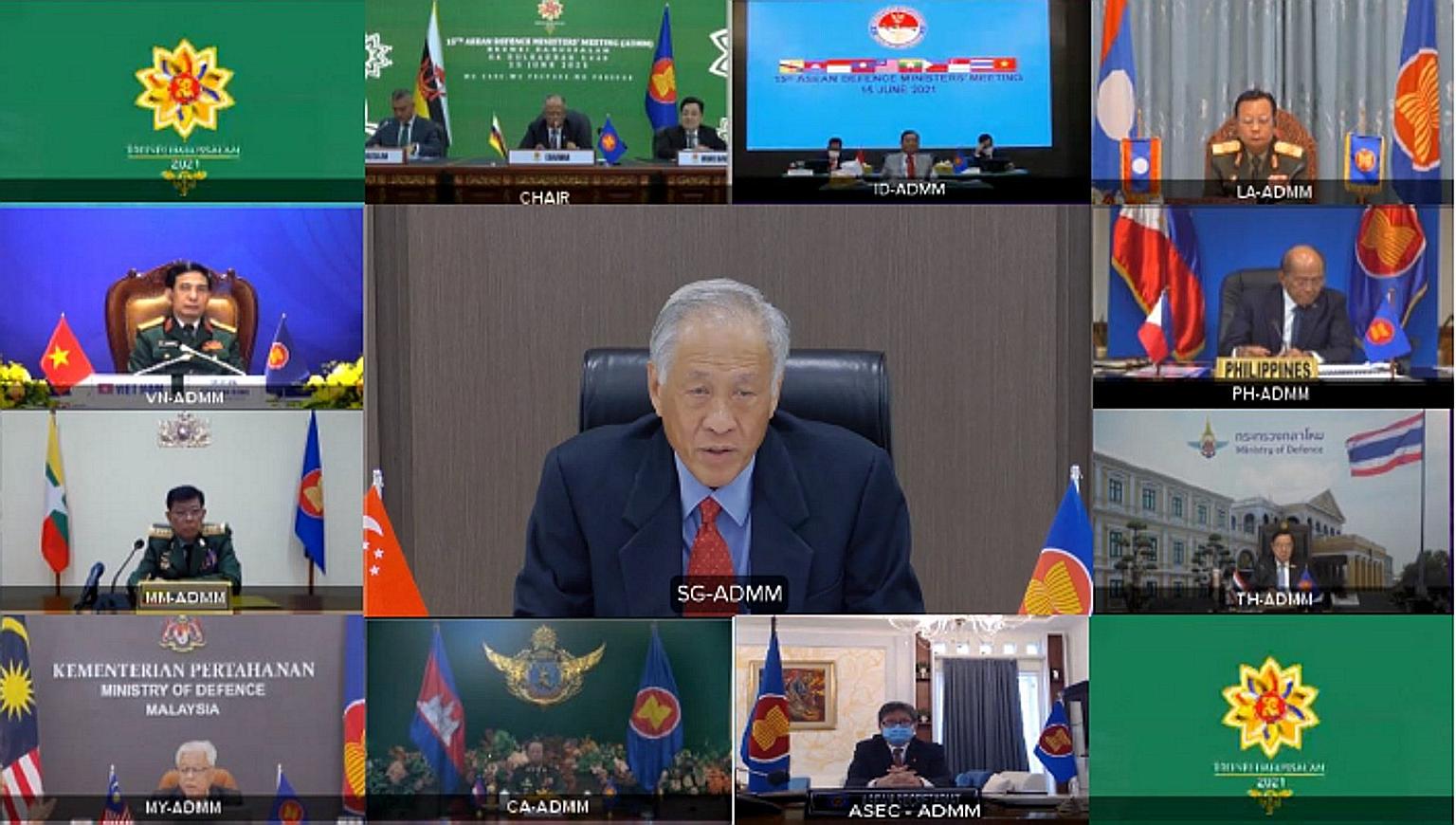 Defence Minister Ng Eng Hen (centre) and his counterparts at the 15th Asean Defence Ministers' Meeting held virtually yesterday. The ministers also reaffirmed their commitment to a swift recovery from Covid-19.