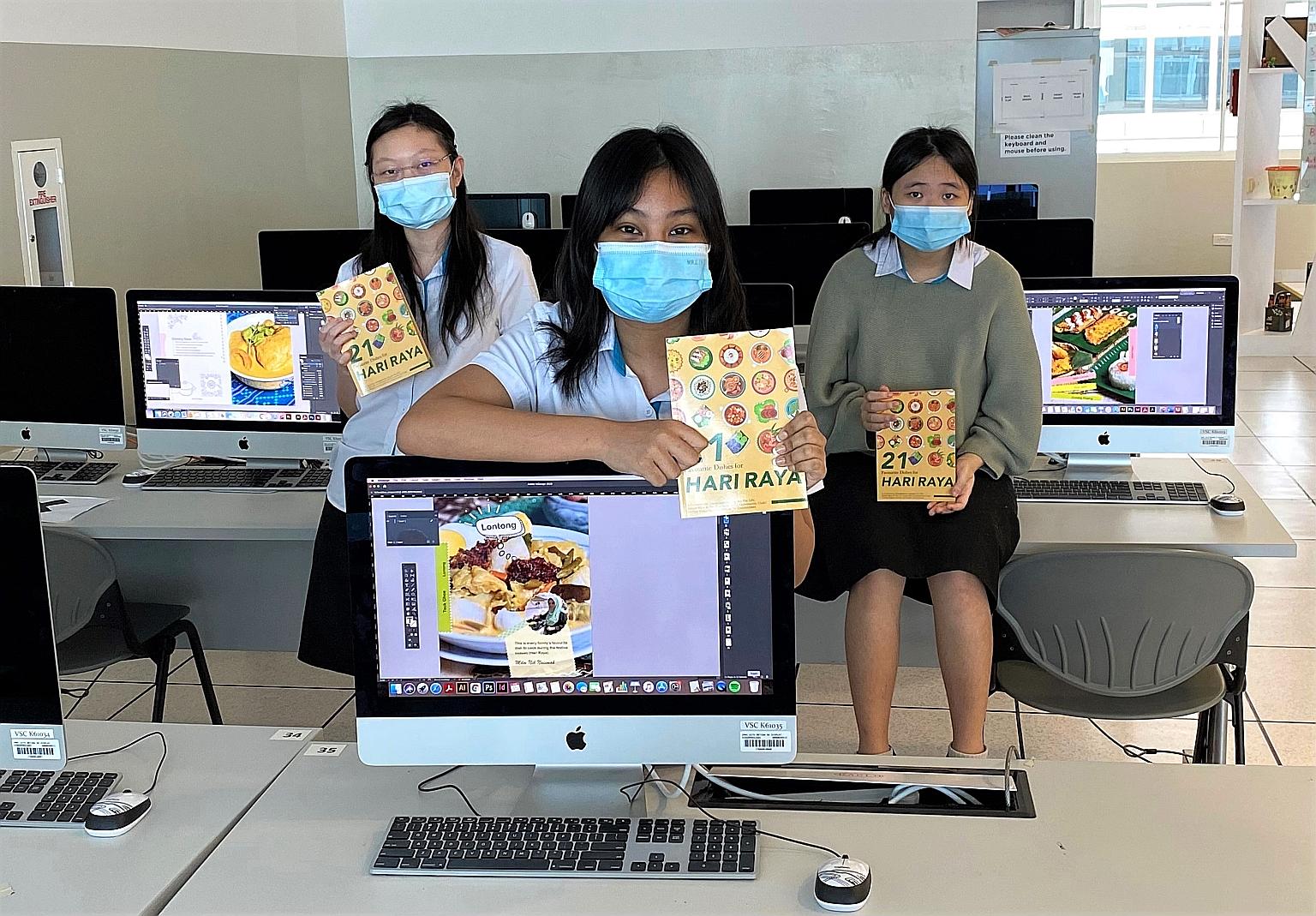 ITE College Central students (from left) Kaitlyn Ong, Fitri Hailysya Mohd Haidil and Ang Xin Ling designed the graphics for the Hari Raya cookbook featuring 21 recipes by Ang Mo Kio town residents for traditional dishes.