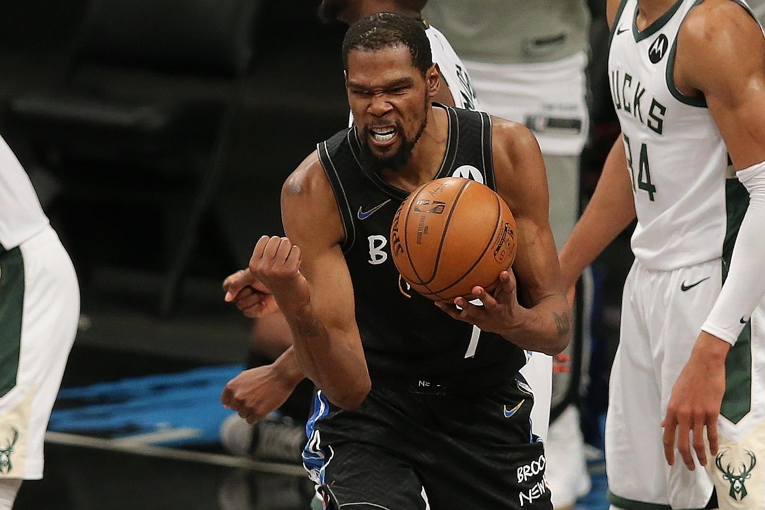 Forward Kevin Durant all pumped up after scoring 49 points in 48 minutes to help the Brooklyn Nets beat the Milwaukee Bucks 114-108 on Tuesday, which put them 3-2 ahead in the best-of-seven semi-final series.