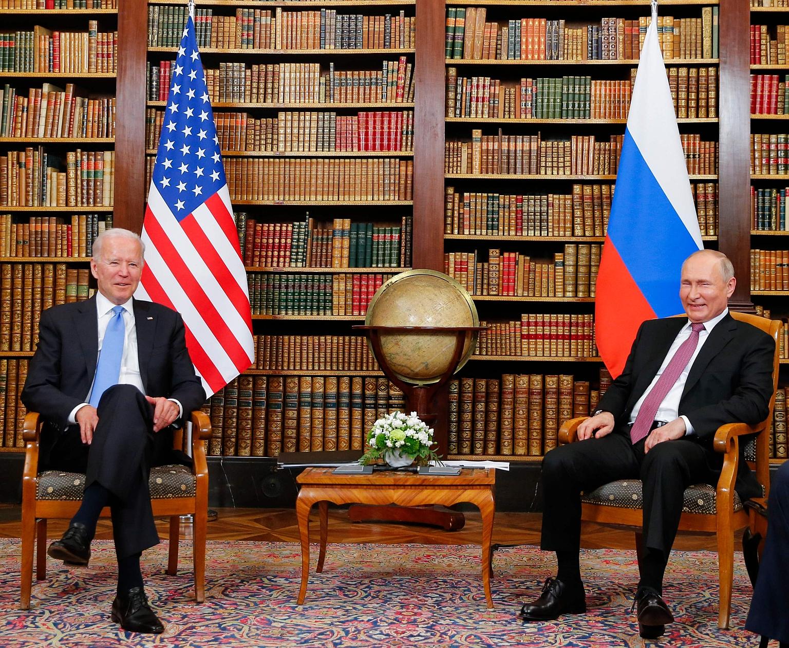 US President Joe Biden with his Russian counterpart Valdimir Putin at Villa La Grange in Geneva yesterday. Their talks lasted less than four hours - far less than Mr Biden's advisers had said they expected. PHOTO: AGENCE FRANCE-PRESSE