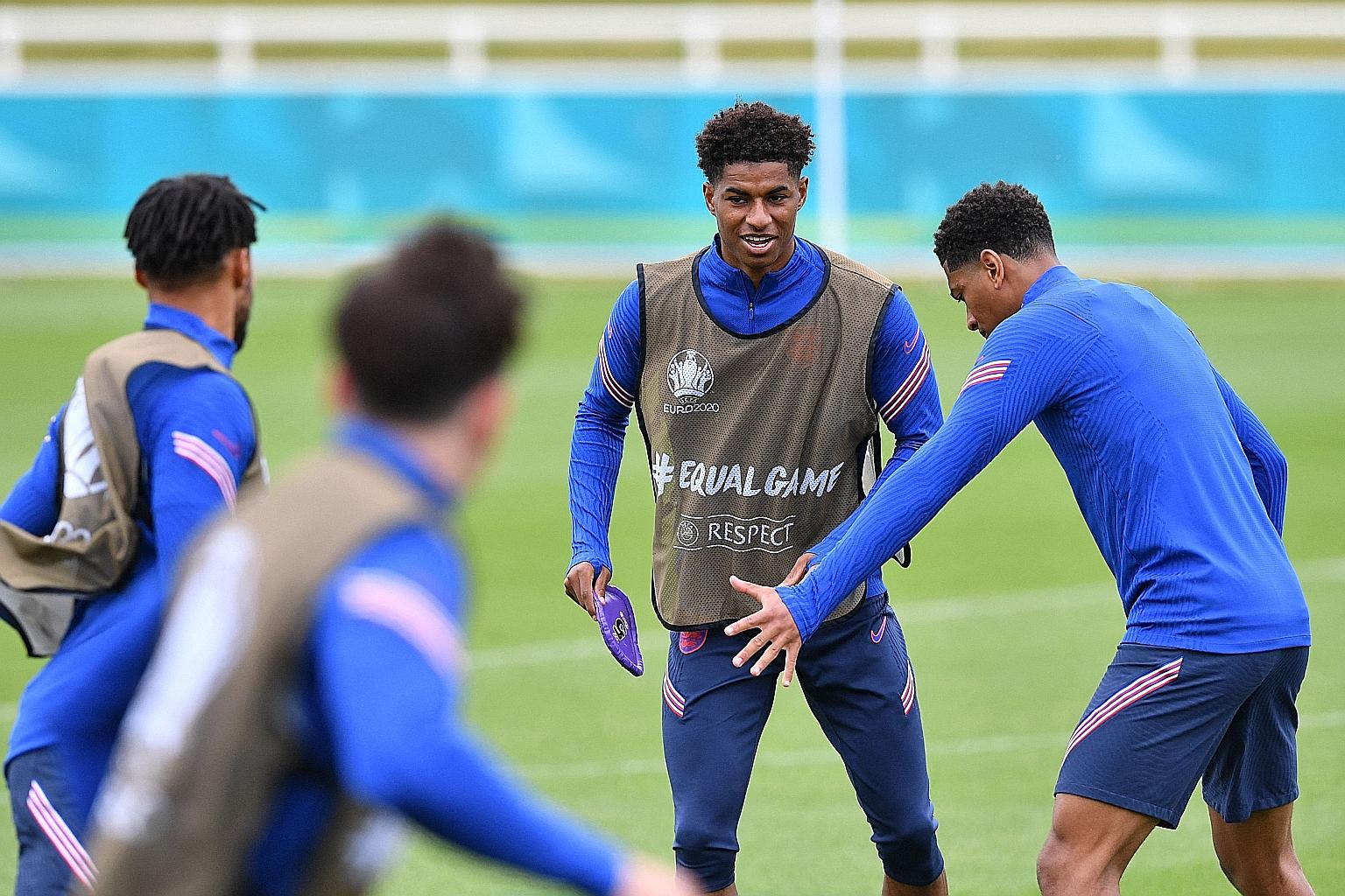 Forward Marcus Rashford during an England training session yesterday. He is hoping to start his first game at Euro 2020 when they take on rivals Scotland today. The Three Lions are seeking a second win following their 1-0 Group D victory over Croatia