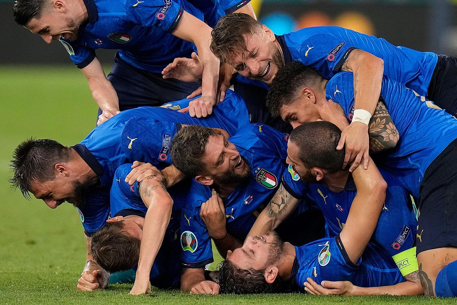 Italy celebrating after their second goal in the 3-0 Euro 2020 Group A win over Switzerland on Wednesday. The victory meant that the Azzurri are through to the round of 16, and a draw against Wales on Sunday will ensure top spot in the group.