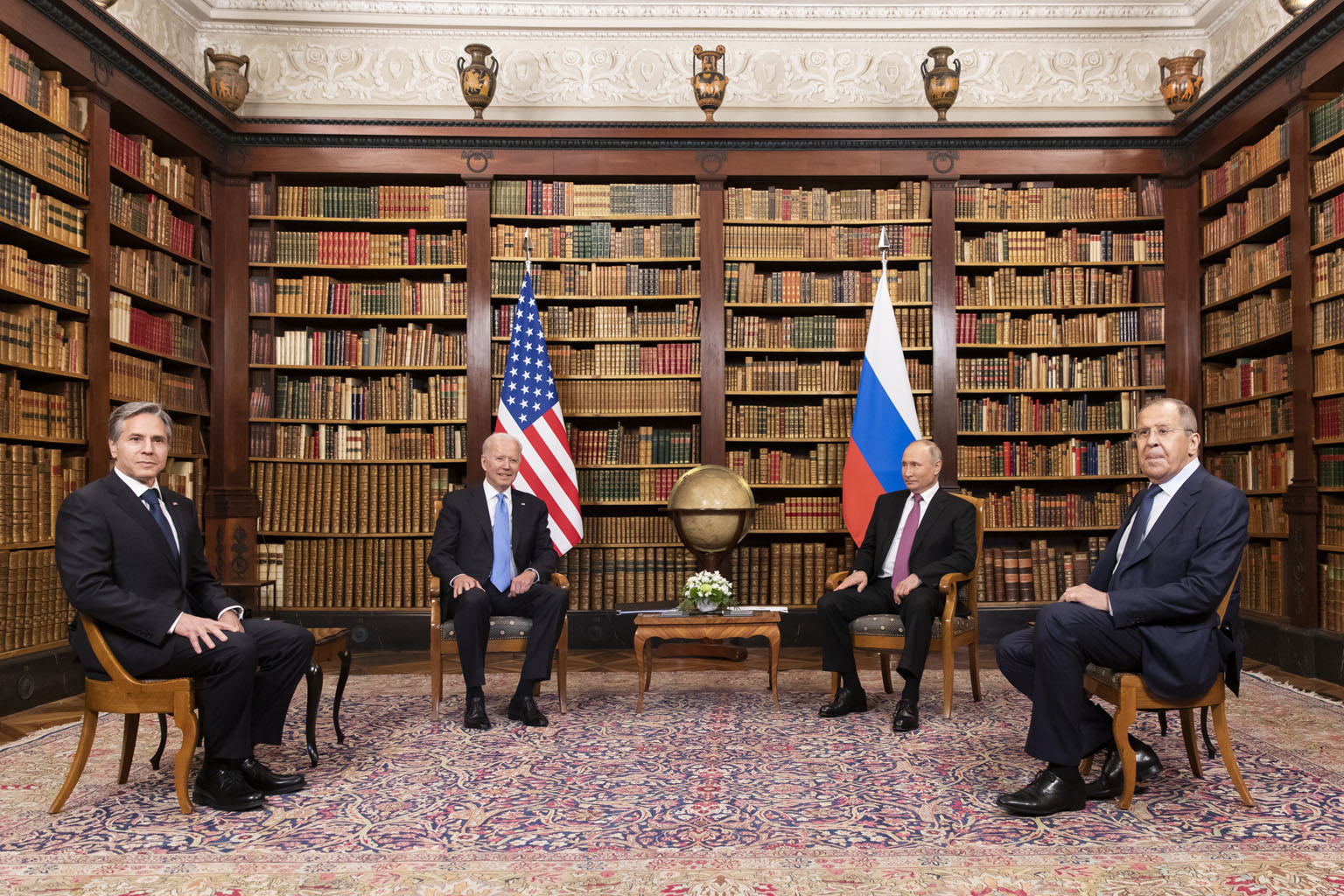 (From left) US Secretary of State Antony Blinken, US President Joe Biden, Russian President Vladimir Putin and Russian Foreign Minister Sergei Lavrov at the US-Russia summit at Villa La Grange in Geneva, Switzerland, on Wednesday.