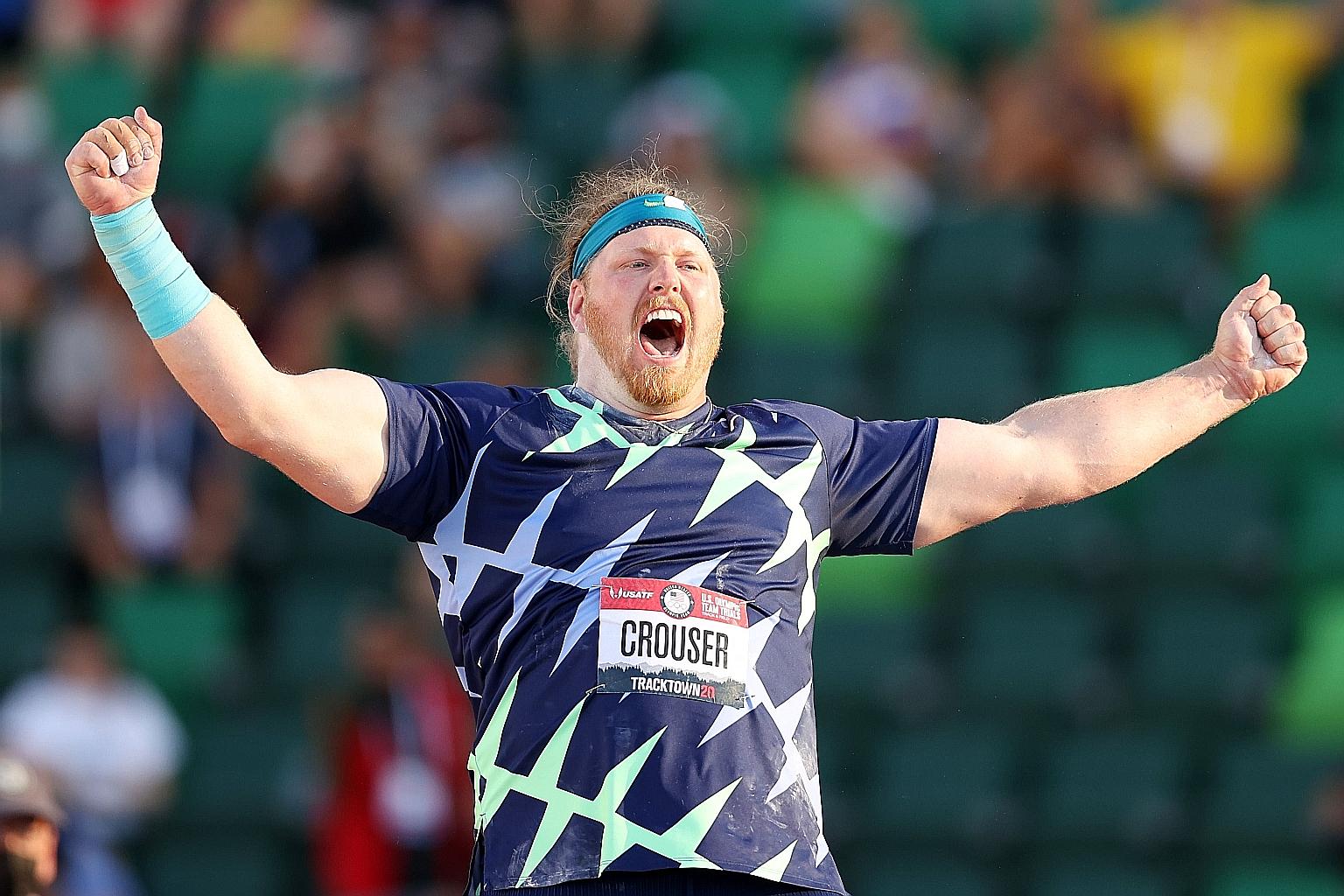 Rio shot put champion Ryan Crouser celebrating his world-record effort of 23.37m in Eugene on Friday.