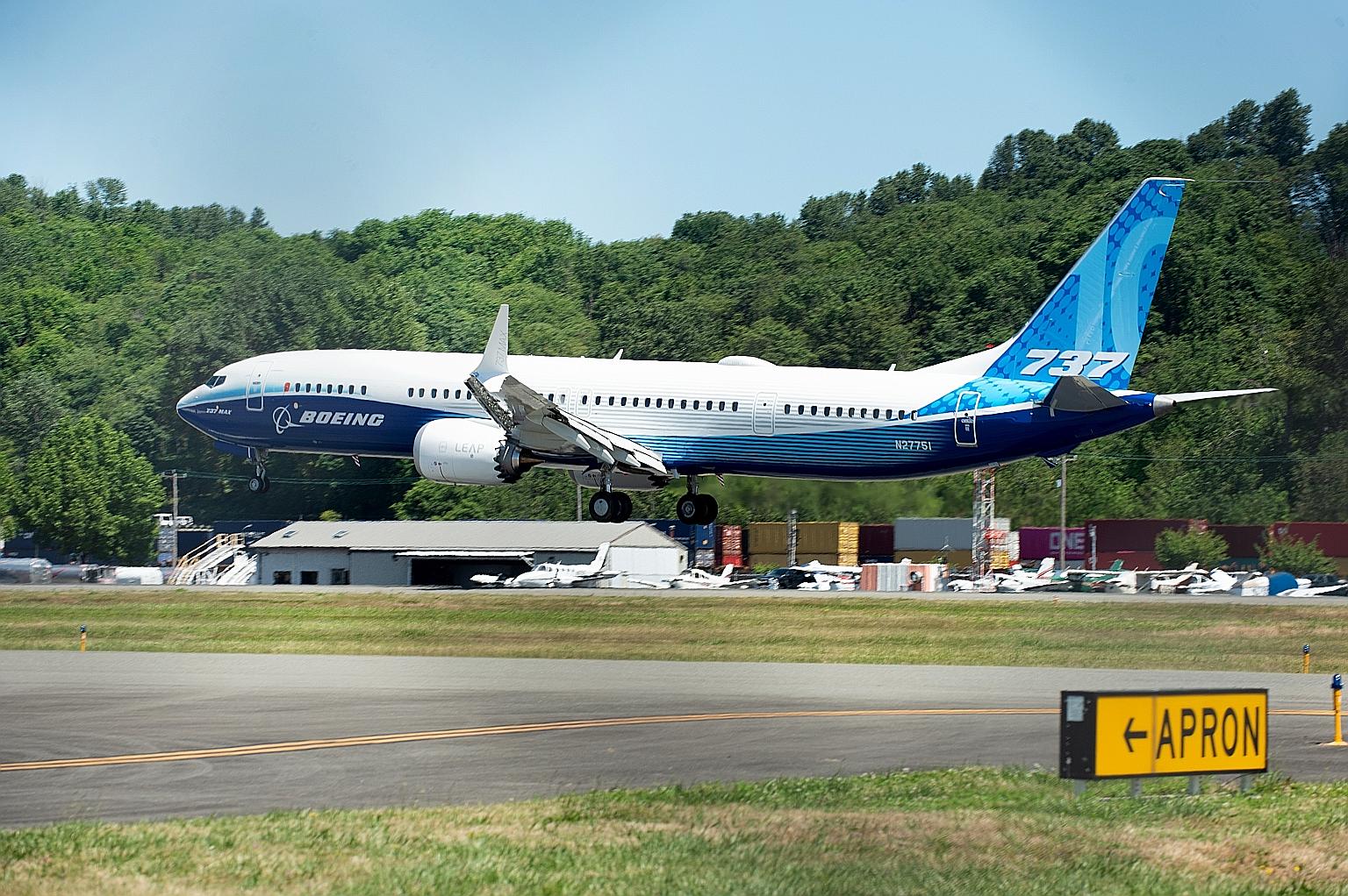 The 737 Max 10 landing at Boeing Field in Seattle on Friday, after its initial flight. It is expected to enter service in 2023. PHOTO: BLOOMBERG