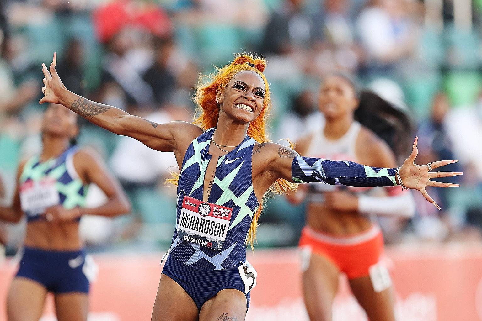 Sha'Carri Richardson celebrating after winning the 100m final in 10.87sec at the US Olympic trials at Hayward Field in Eugene, Oregon. The 21-year-old will make her debut at the Tokyo Games.