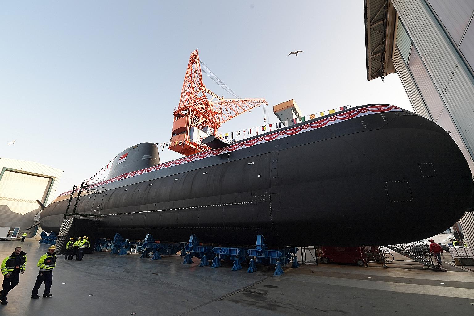 Left: An undated photo of the Indonesian submarine KRI Nanggala 402, whose crew of 53 perished after it sank in April. Below: One of the Republic of Singapore Navy's four advanced, custom-built Type 218SG submarines, to be delivered from next year.