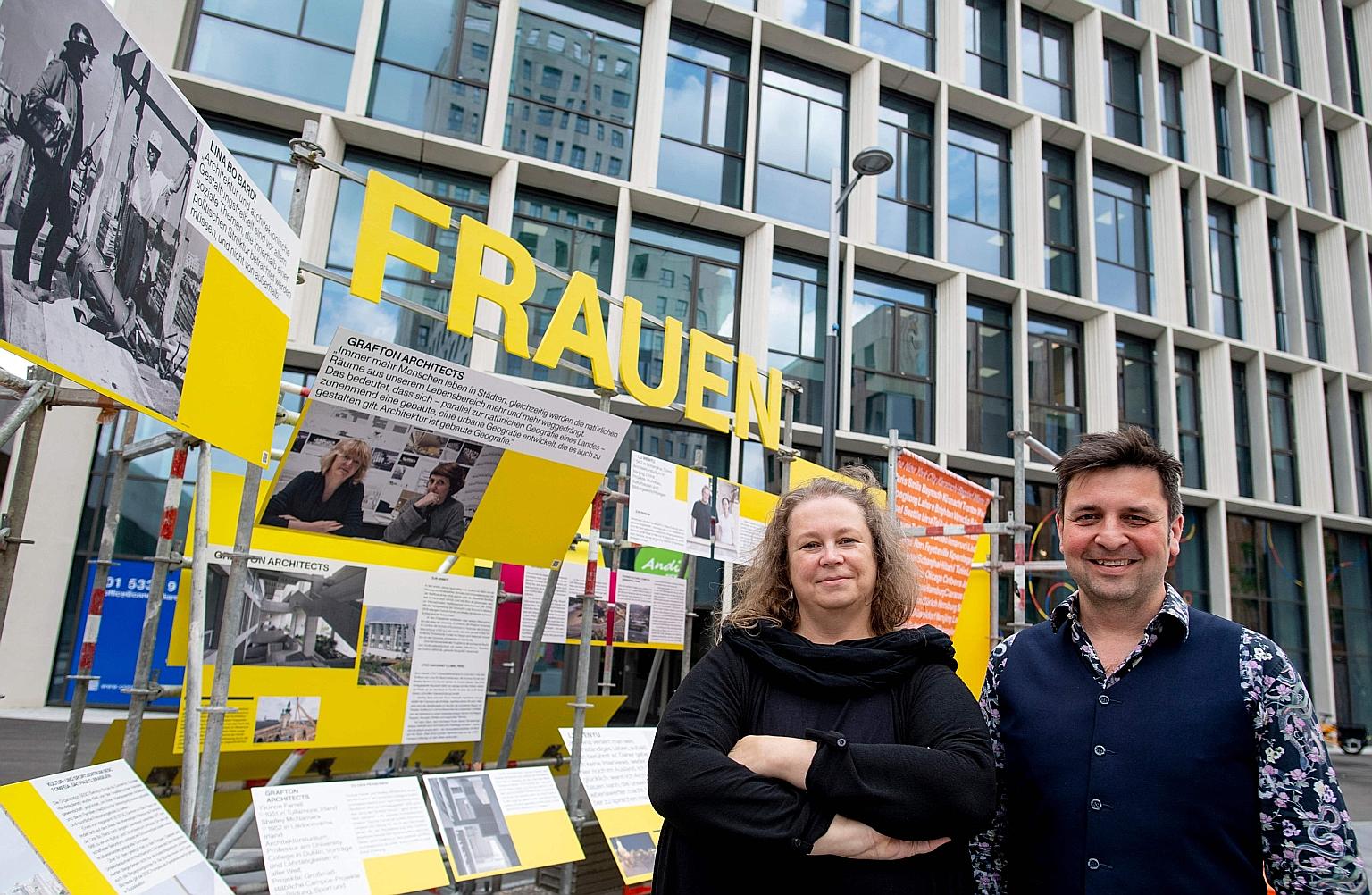 Curators Katja Schechtner (far left) and Wojciech Czaja at their Women Build The City exhibition in Seestadt, Vienna. It shows the achievements of 18 female architects, artists and urban planners from across the world.