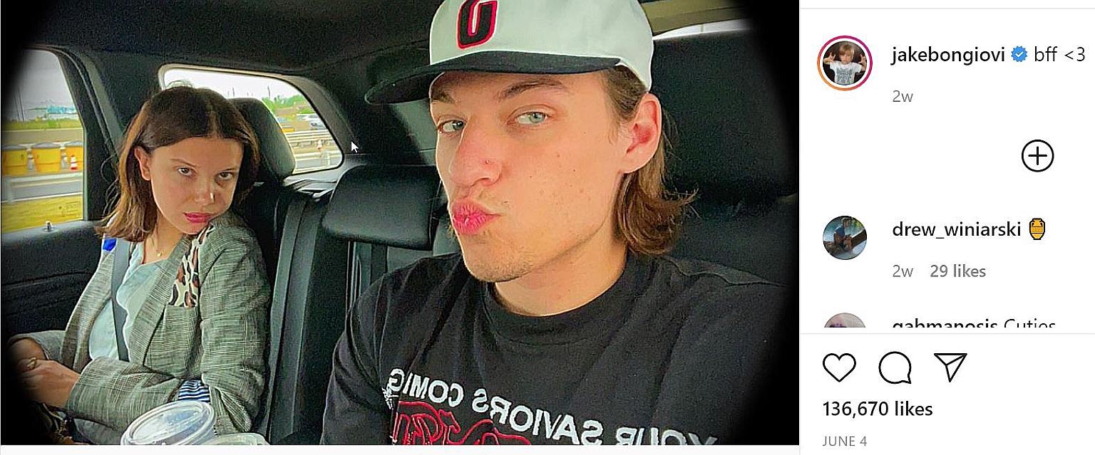 Jon Bon Jovi's son Jake Bongiovi shared a wefie of actress Millie Bobby Brown and himself in a car, captioning the photo with "BFF <3".