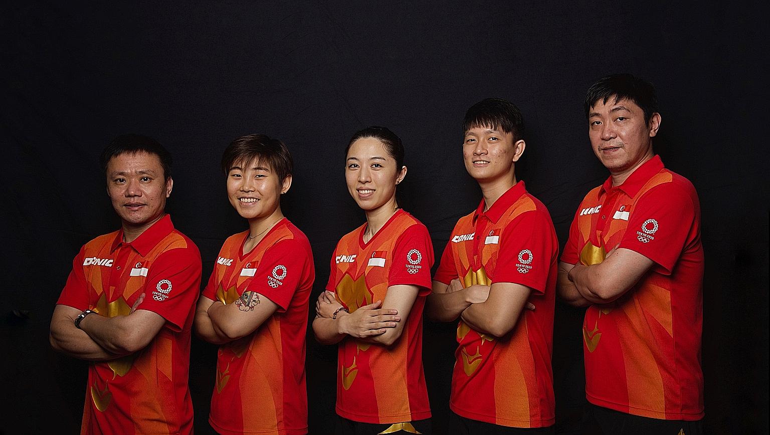 From left: National women's coach Hao Anlin, Lin Ye, Yu Mengyu, Clarence Chew and national men's coach Gao Ning. The team will train in Shimada, Japan until July 17 before the Olympics.