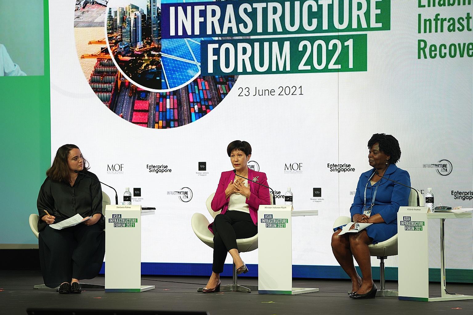 Minister in the Prime Minister's Office Indranee Rajah (centre) with moderator Stefania Palma (left), Singapore correspondent at the Financial Times, and Ms Victoria Kwakwa, vice-president for East Asia and Pacific at the World Bank, at the Asia Infr