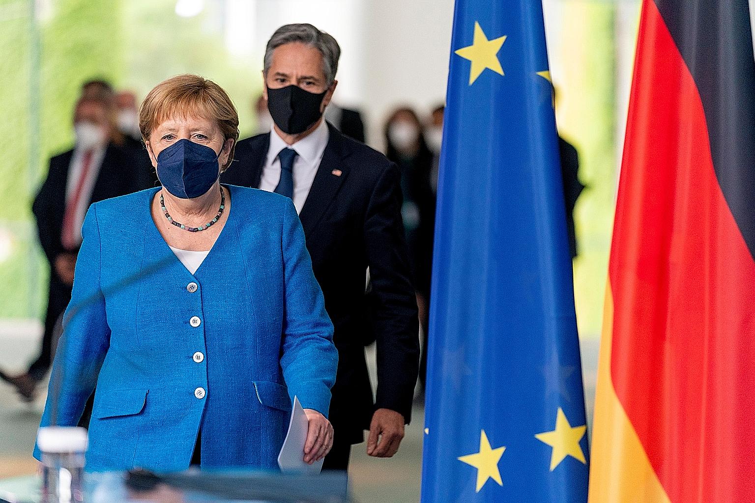 German Chancellor Angela Merkel and US Secretary of State Antony Blinken arriving for a joint news conference at the Chancellery in Berlin on Wednesday.