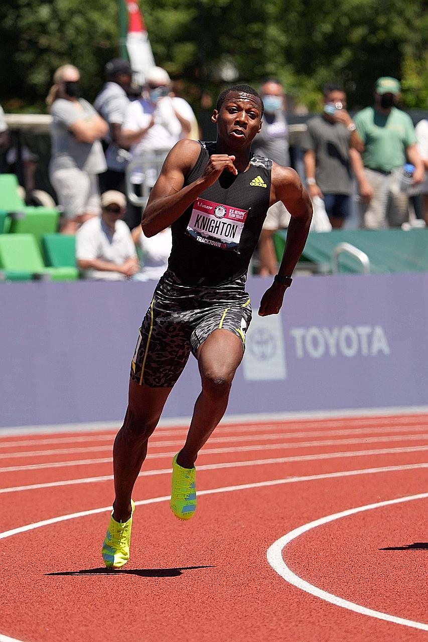 Erriyon Knighton winning his 200m heat in 20.04sec during the US Olympic trials on Friday. He believes it could take a 19.8sec or 19.7sec to punch a ticket to Tokyo.