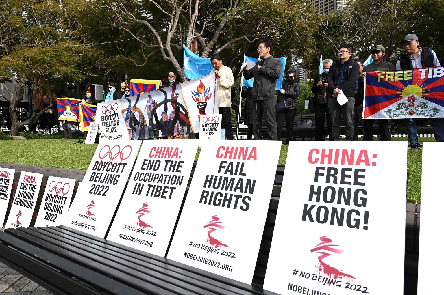 A protest in Sydney last week urging the Australian government to boycott the 2022 Beijing Winter Olympics over China's human rights record.