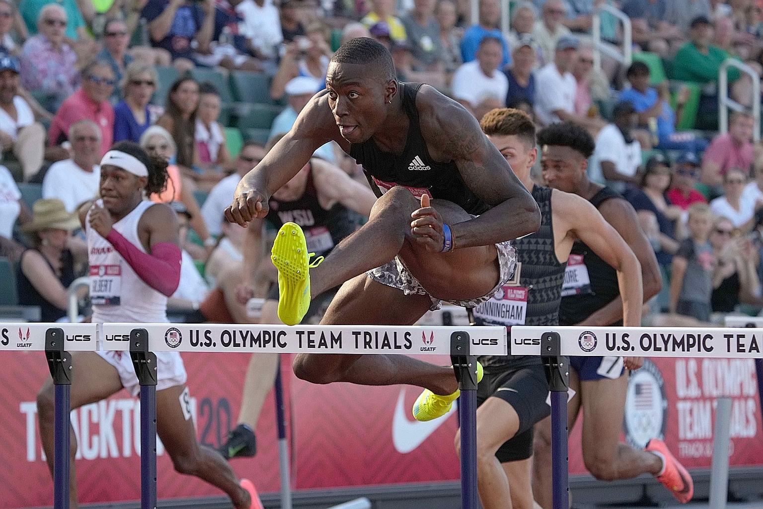 Grant Holloway en route to winning his 110m hurdles semi-final in 12.81sec during the US Olympic trials at Hayward Field in Oregon. That time was just 0.01sec off compatriot Aries Merritt's 2012 world record. The meet also produced jaw-dropping perfo