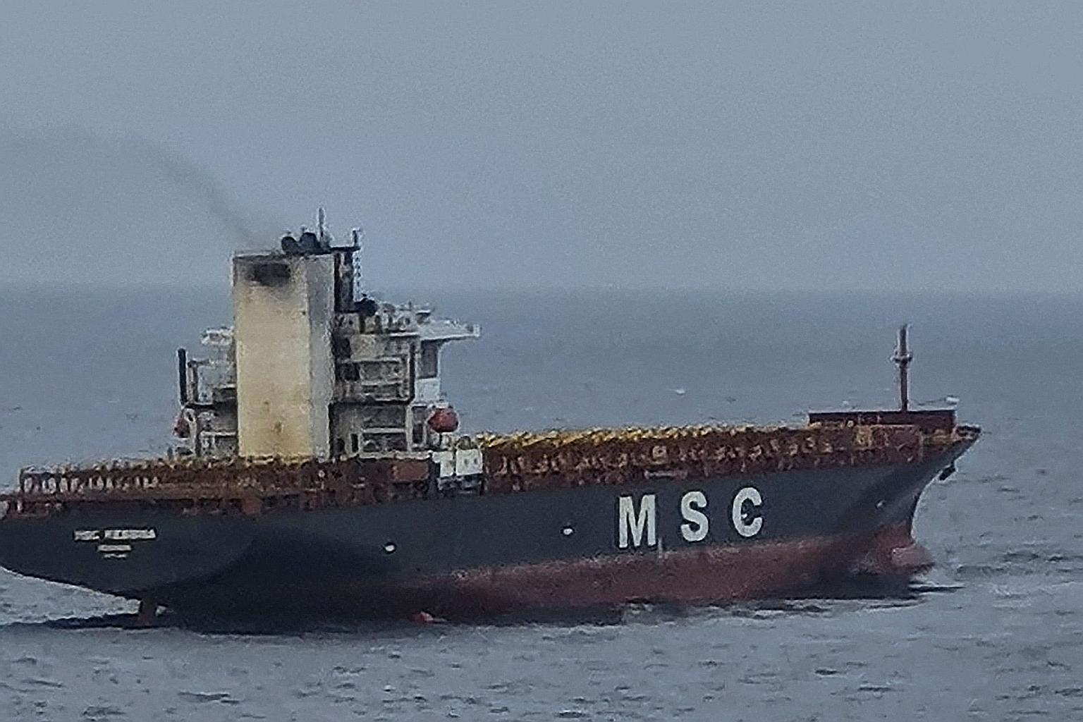 Smoke billowing from the Liberia-registered MSC Messina last Friday after a fire broke out, some 425 nautical miles from Port Blair in India's Andaman and Nicobar Islands.