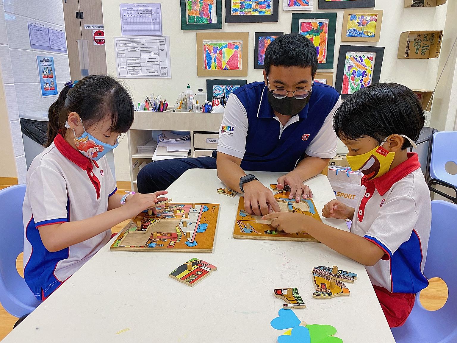 Mr Sufiyan Nur Hakim Suki, an English teacher at the PCF Sparkletots centre in Pasir Ris West, engages the pre-schoolers through games as well as role-playing and other activities. Having teachers of both genders is an opportunity to address any gend