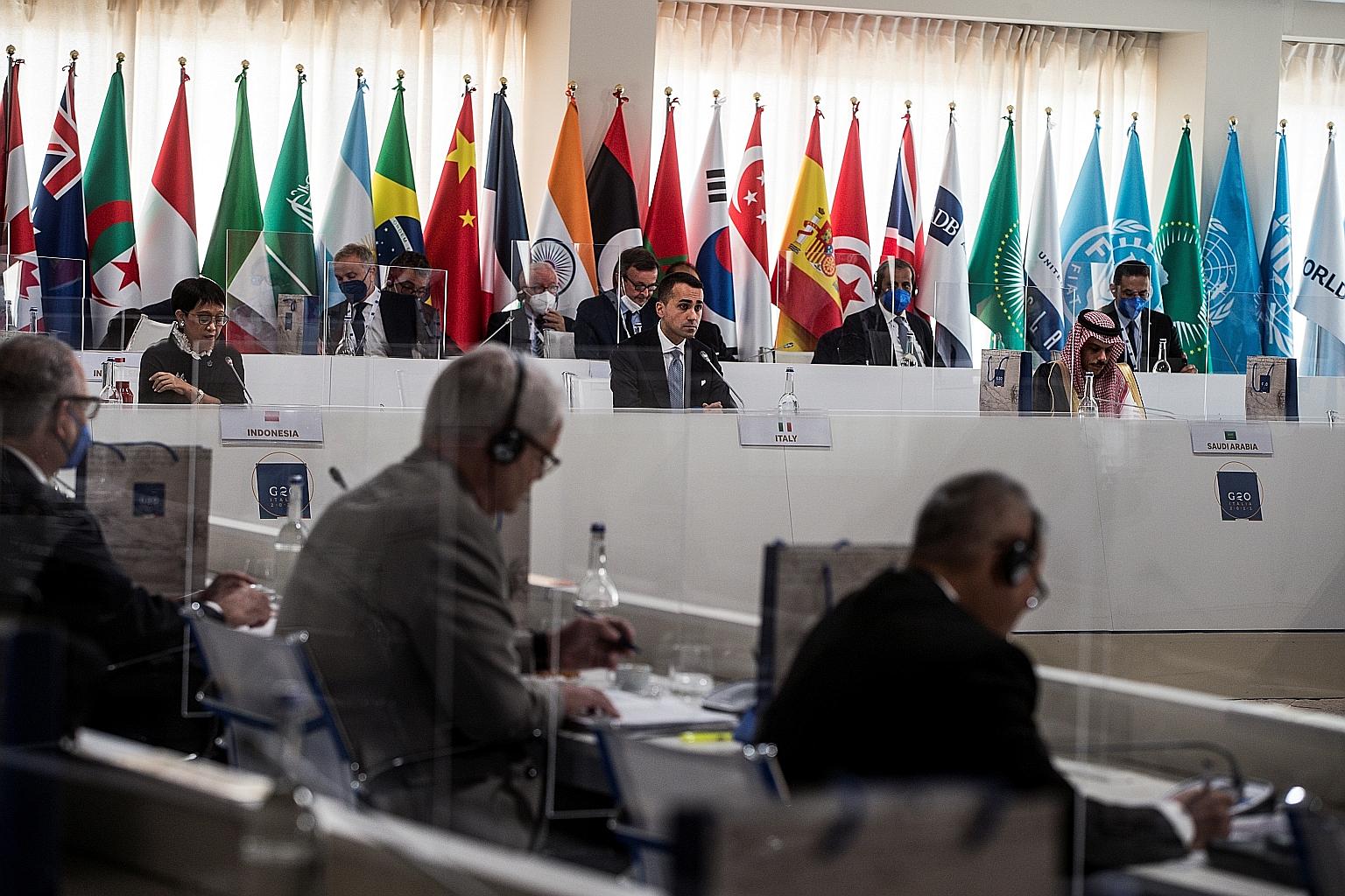 Italy's Foreign Minister Luigi Di Maio (centre) at the Group of 20 meeting held in the southern Italian city of Matera yesterday. He said the Covid-19 pandemic has highlighted the need for an international response to emergencies that transcend natio