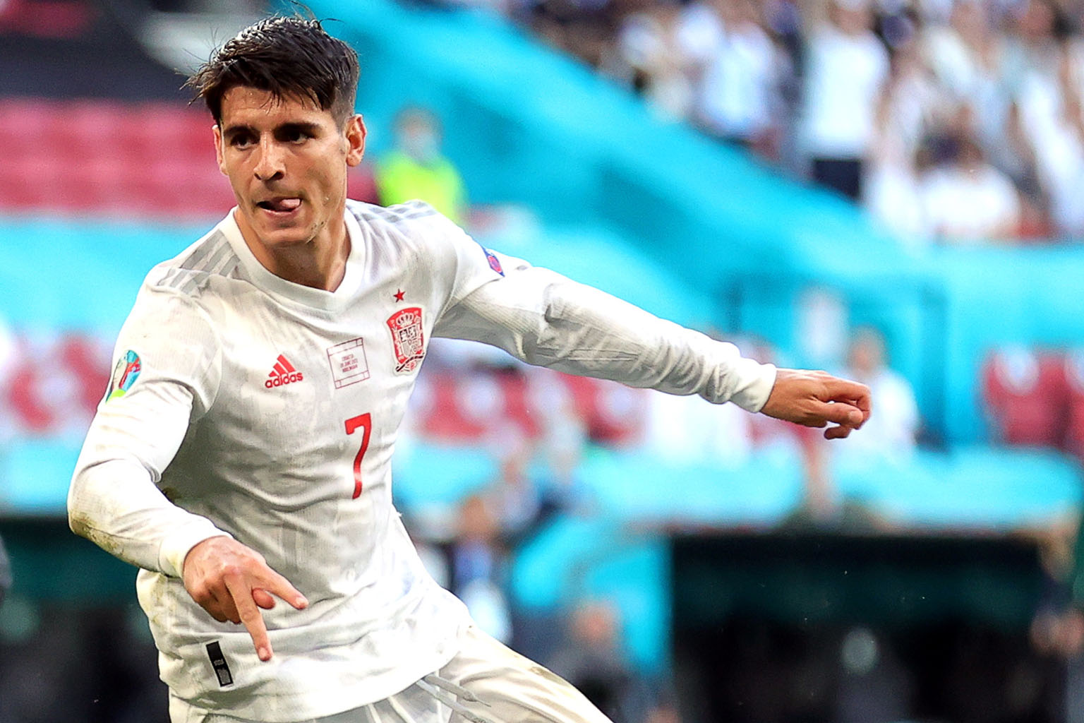 Alvaro Morata celebrating after scoring his goal in extra time to put Spain 4-3 up against Croatia on Monday. The Spaniards won 5-3.