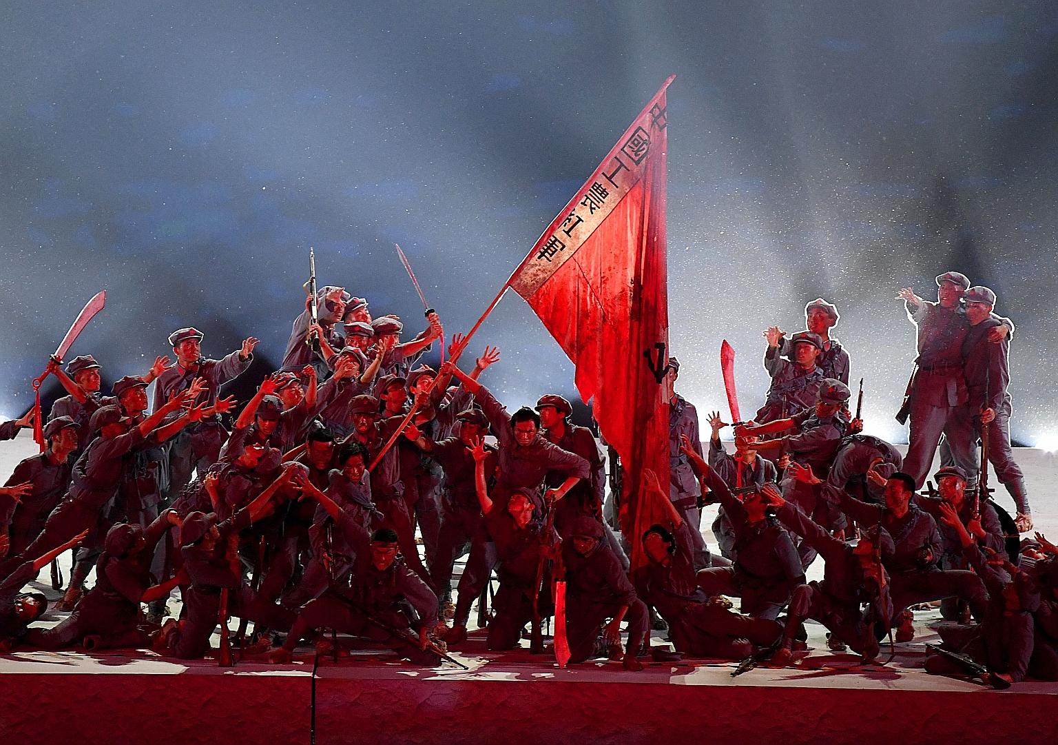 A cultural performance at the Bird's Nest stadium in Beijing on Monday, ahead of the 100th anniversary of the founding of the Chinese Communist Party today. Festivities will be held at Tiananmen Square today.