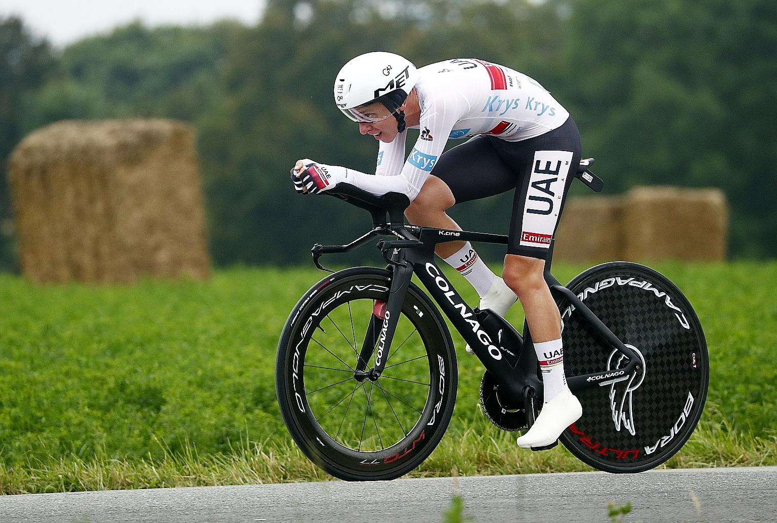 Defending champion Tadej Pogacar of Slovenia showing championship material with the best time of 32min during the 27.2km time trial on Stage 5 of the Tour de France yesterday.