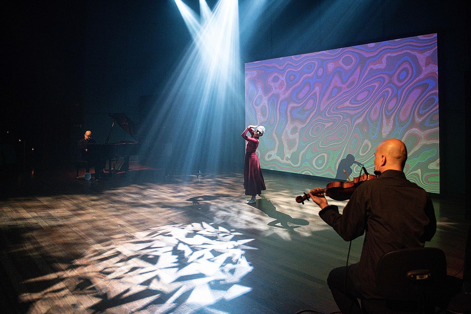 (From far left) Pianist Bertram Wee, dancer Sabrina Zuber and violinist Kailin Yong at Resonances by Bellepoque.
