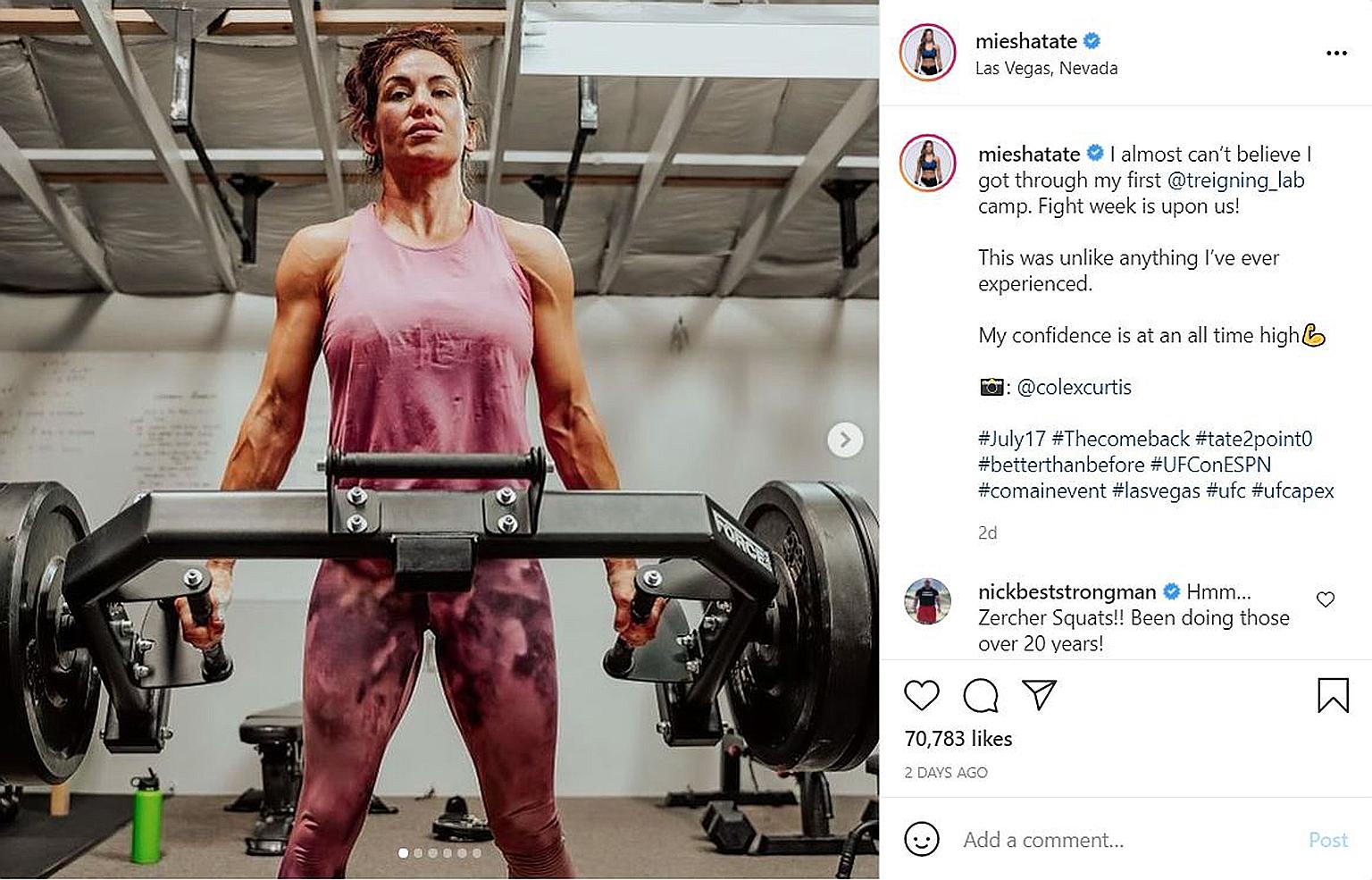 Miesha Tate faces fellow American Marion Reneau at the UFC Fight Night: Makhachev v Moises tomorrow as the co-main event. PHOTO: INSTAGRAM/ MIESHA TATE