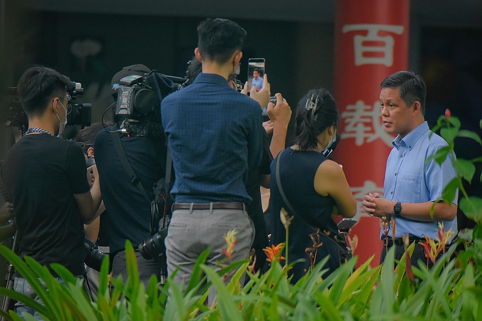 Education Minister Chan Chun Sing speaking to the media yesterday at River Valley High School. He said the school is in close communication with parents to provide the information they may need to have a sense of assurance. ST PHOTO: MARK CHEONG
