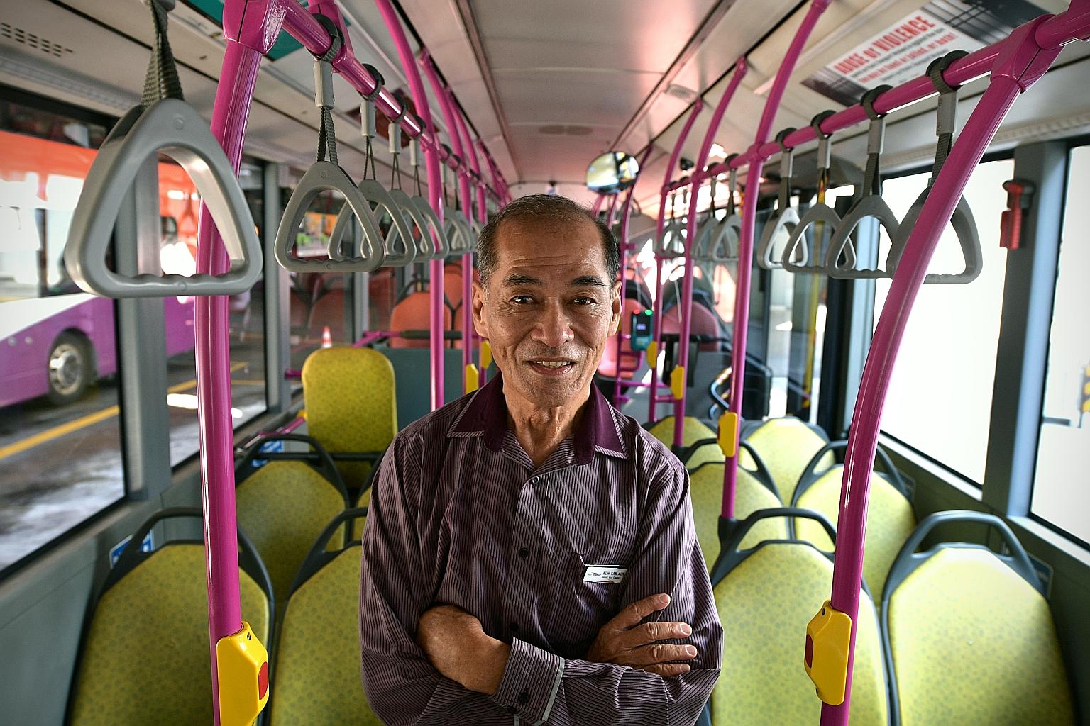 Mr Koh Yan Aun said that in his early days, whenever he was assigned to a new route, he had to take a bus as a passenger and memorise the route. ST PHOTO: NG SOR LUAN
