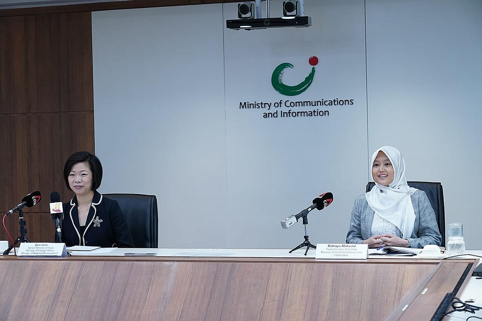 Senior Minister of State for Foreign Affairs and National Development Sim Ann and Parliamentary Secretary for Communications and Information Rahayu Mahzam at yesterday's launch of the Singapore Together Alliance for Action (AfA) to tackle online harm