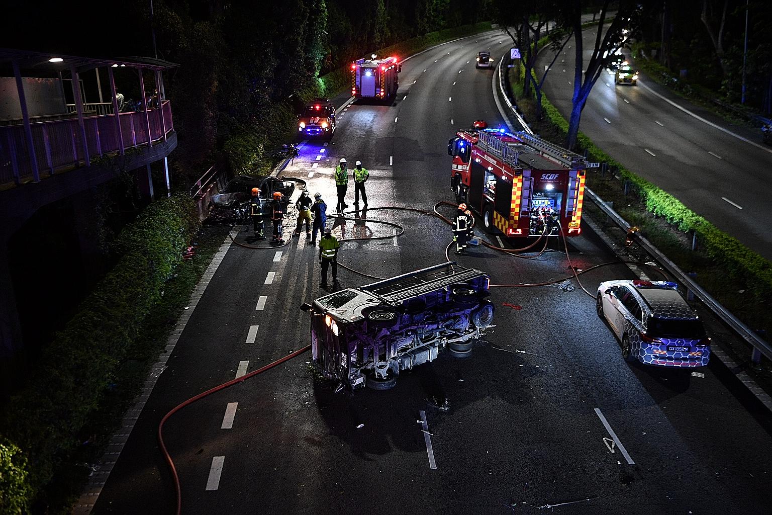 The CTE accident on Friday involved a car, taxi, lorry and two motorcycles. A lorry was seen lying on its side and a car was ablaze. After the fire was put out, the burnt-out shell of the car could be seen on the road shoulder.