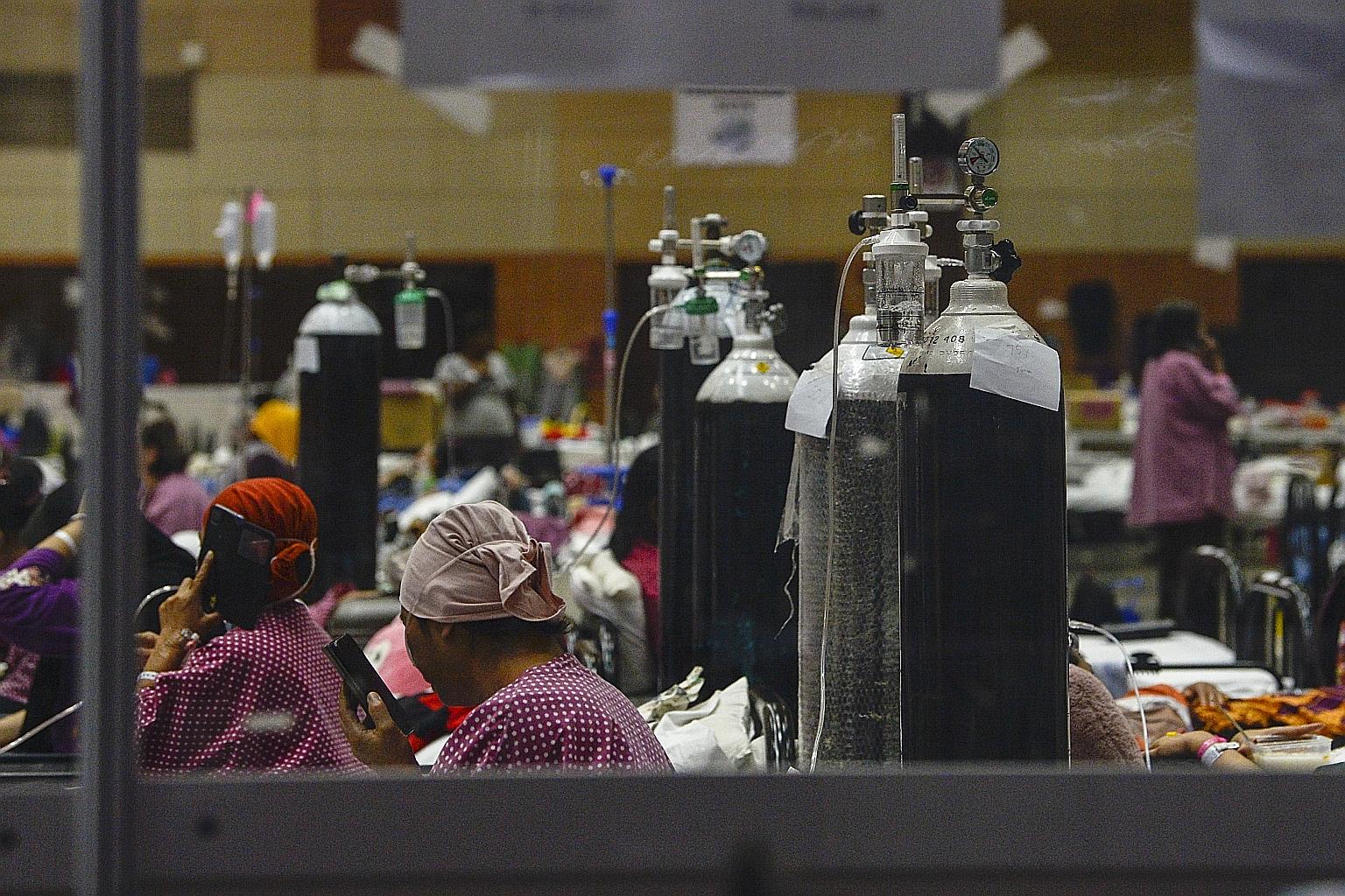 Oxygen tanks used by coronavirus patients at a Covid-19 Integrated Quarantine and Treatment Centre in Malaysia. PHOTO: BERNAMA