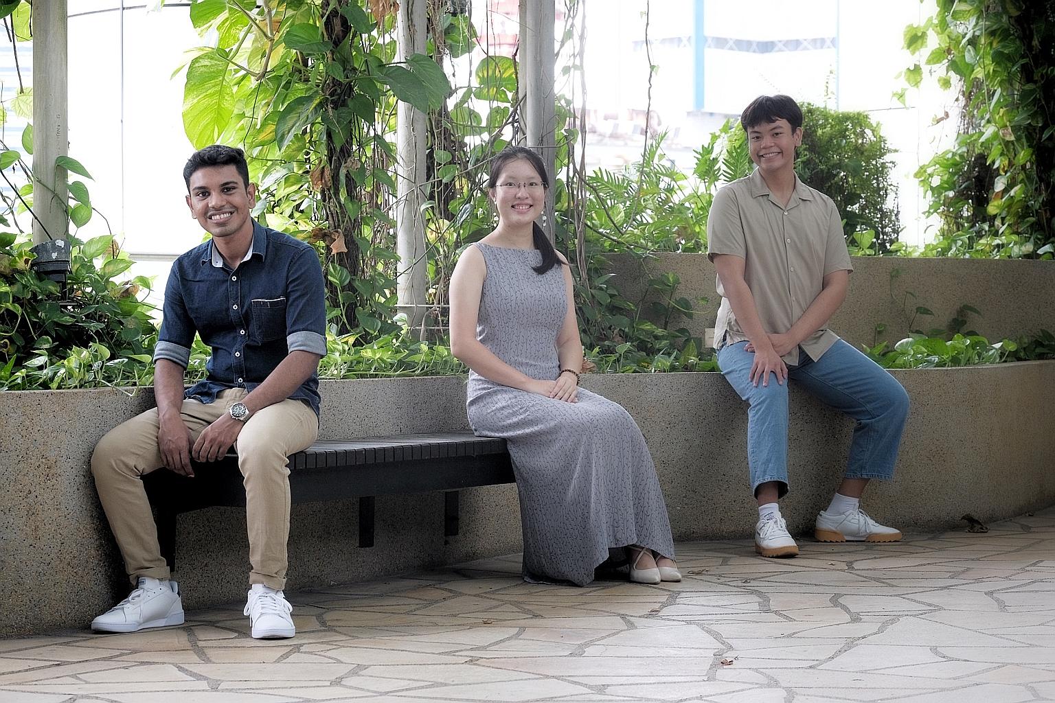 Public Service Commission scholarship recipients (from left) R.K. Suriya Varshan, who will be pursuing an engineering degree at the Singapore University of Technology and Design; Liu Jiahui, who will be studying accountancy and business at Nanyang Te