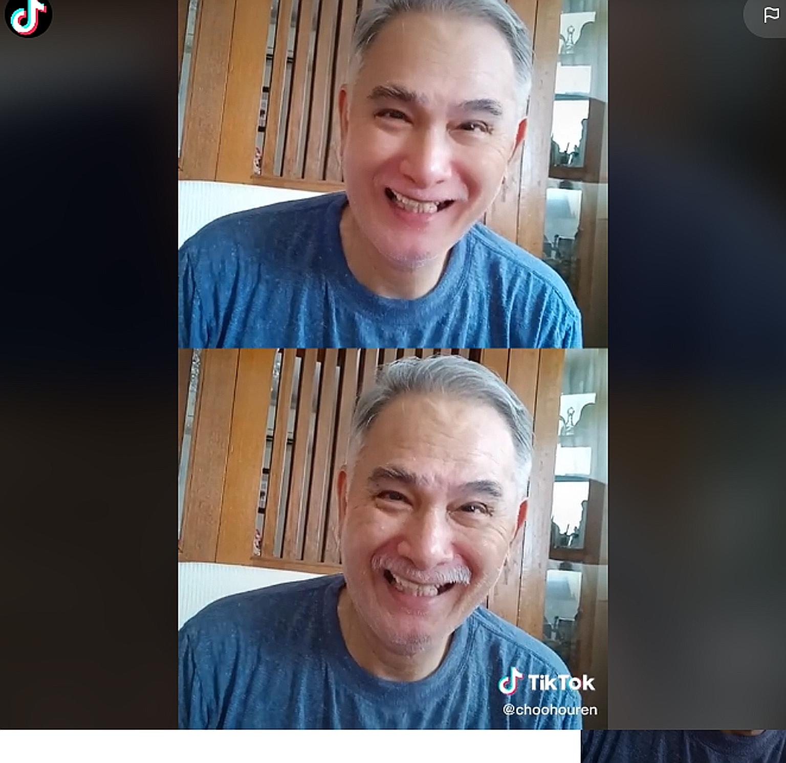 VETERAN ACTOR ZHU HOUREN TAKES TO TIKTOK: Local actor Zhu Houren, who has appeared several times in his son Joel Choo's TikTok videos, now has his own account. 	The veteran actor, 66, recently made his debut on the video-sharing platform, with his ac