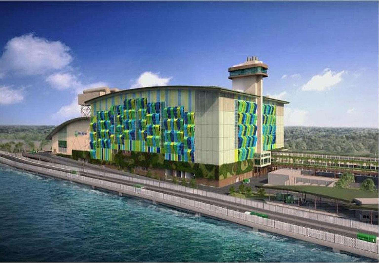 An artist's impression of Tuas Nexus Integrated Waste Management Facility. The first phase is the development of a 400-tonnes-a-day food waste treatment facility and an 800-tonnes-a-day sludge incineration facility.