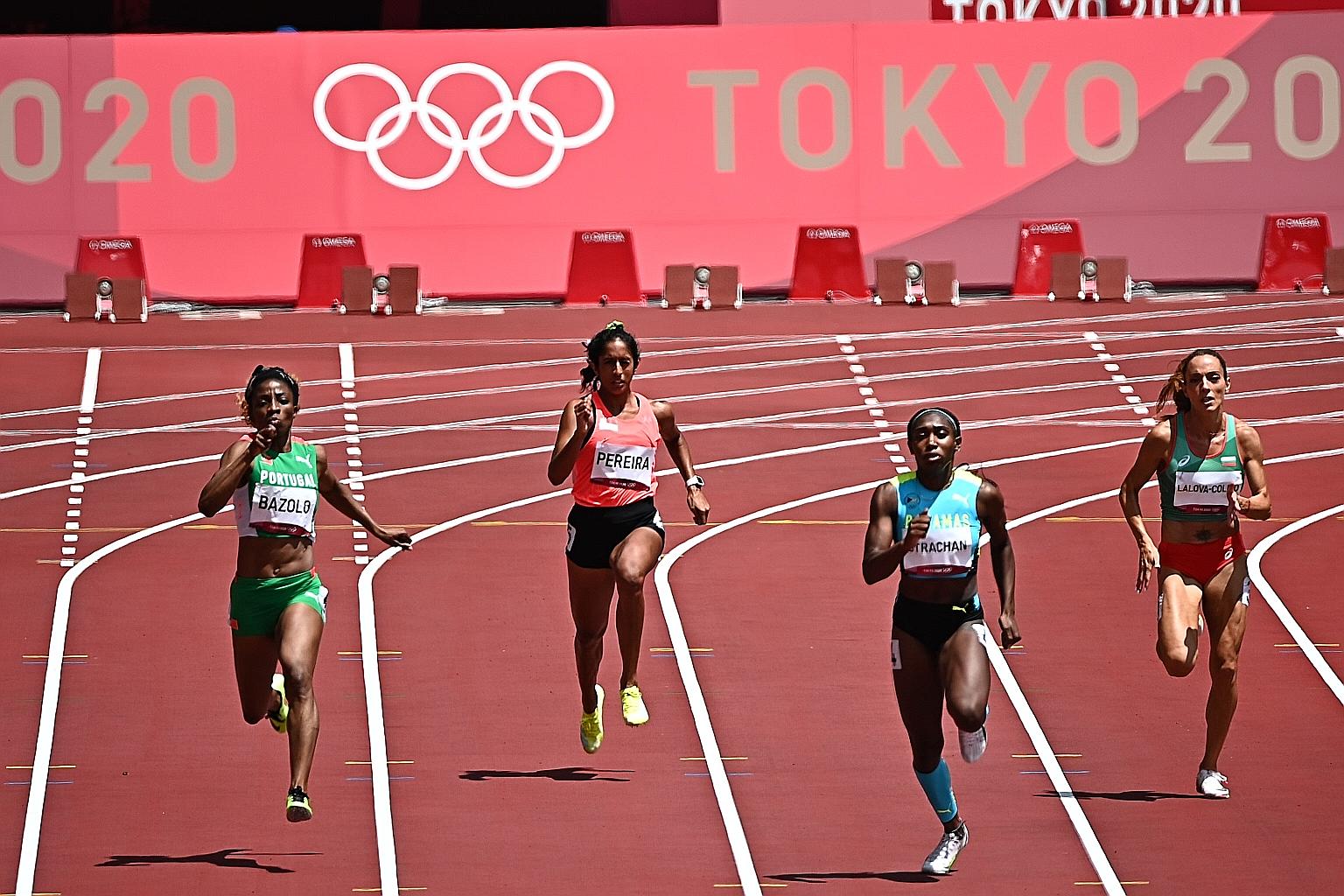 Singapore's Shanti Pereira clocking a season-best time of 23.96 seconds in the 200m heats at the Tokyo Olympic Stadium yesterday. Her time placed her 39th out of 41 overall.