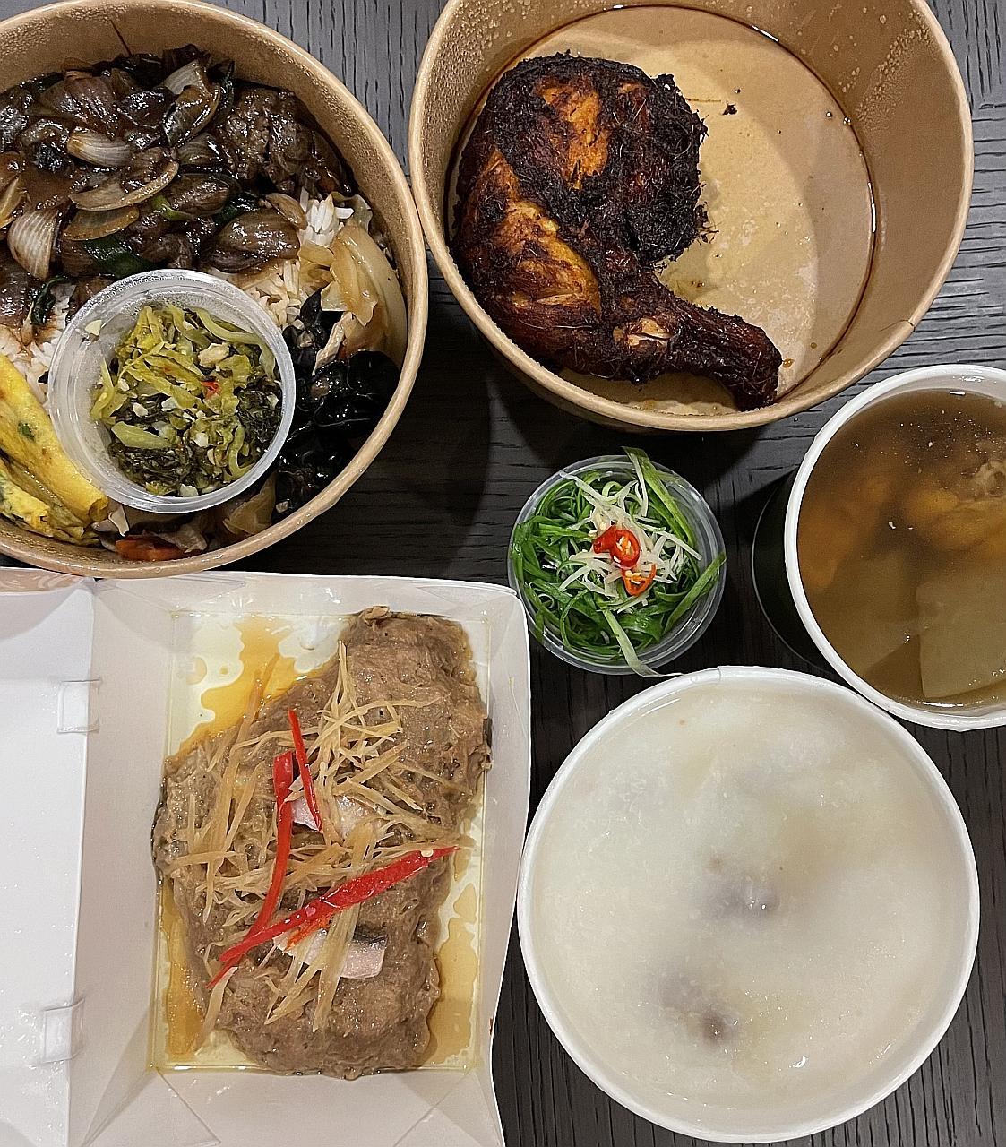 (Clockwise from top left) Wok-fried Sliced Beef With Ginger And Scallion Rice Bowl; Chef Sebastian's Signature Spice-Crusted Chicken; Wintermelon With Conpoy Soup; Sliced Beef With Ginger And Spring Onion Soy Dip congee; and Steamed Minced Chicken Pa