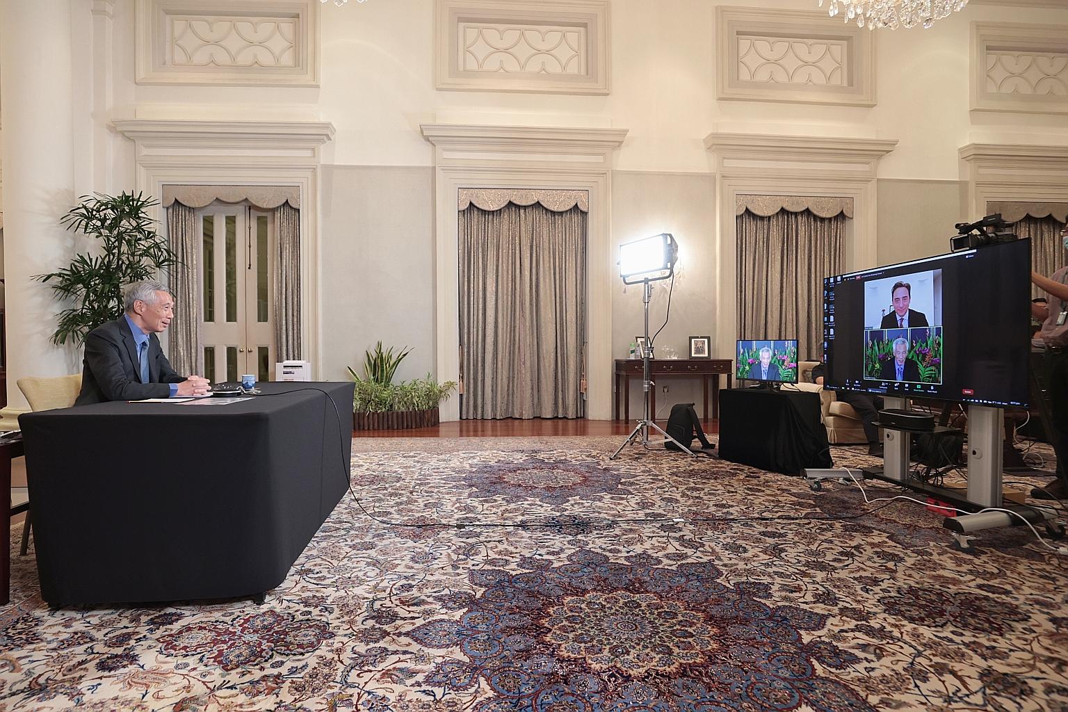 Prime Minister Lee Hsien Loong at the virtual Aspen Security Forum yesterday. PM Lee, who was the keynote speaker at the two-day forum, said the United States is in the region not just to ensure regional security and a balance of power, but also to d