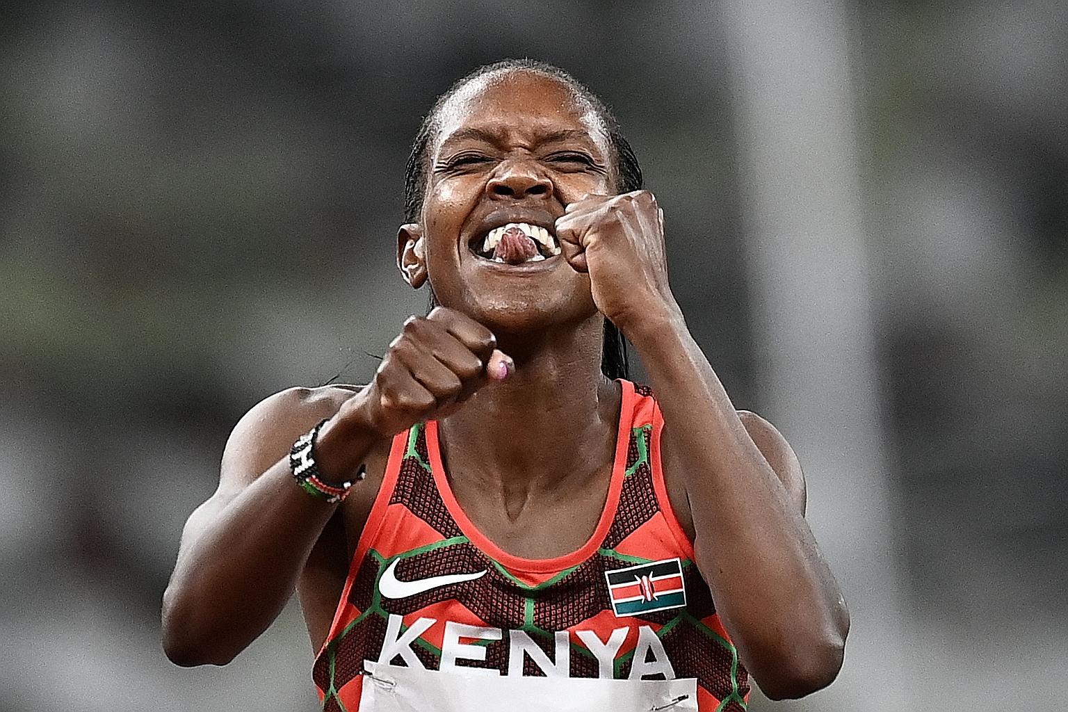 Kenya's Faith Kipyegon after winning the women's 1,500m final yesterday. She broke the 33-year-old Games record set by Romanian Paula Ivan at the 1988 Seoul Games, clocking 3min 53.11sec.