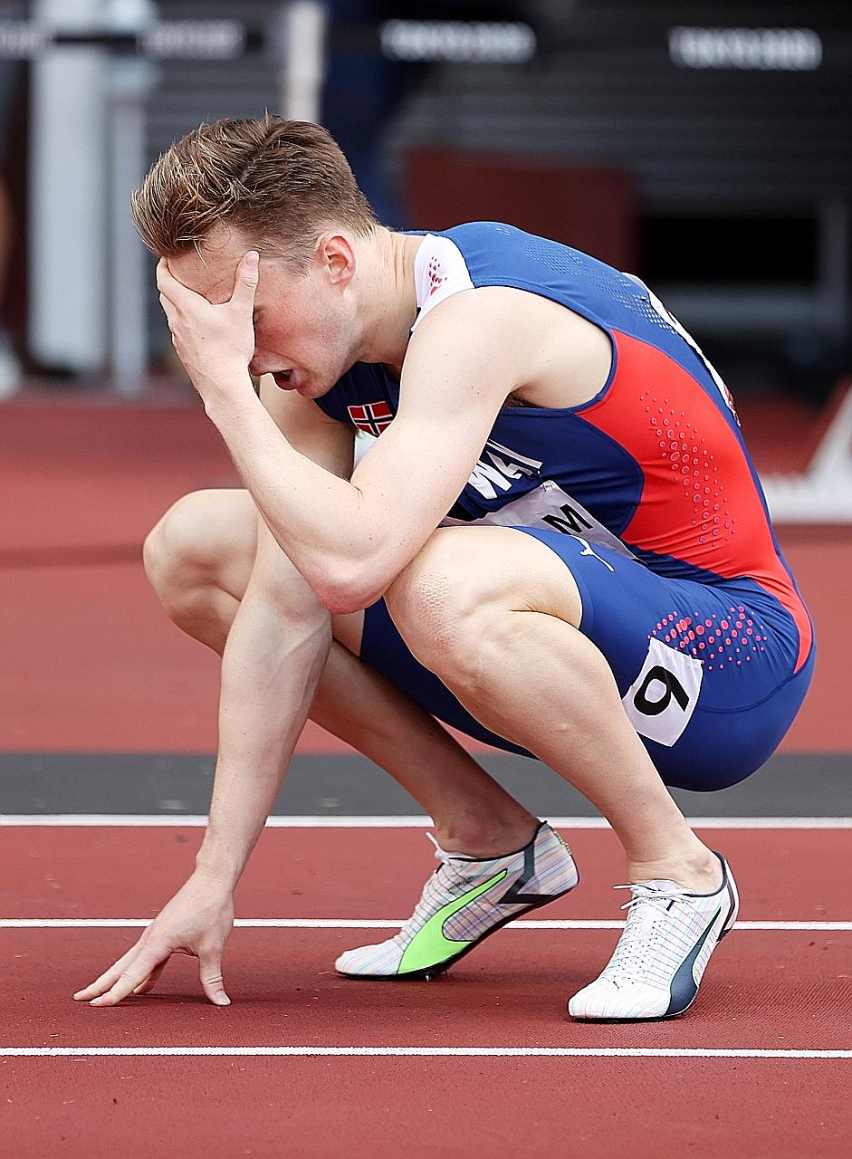 Norway's Karsten Warholm after winning the 400m hurdles in an astonishing 45.94sec on Tuesday. He criticised his rivals for wearing soles with a thicker insole, even if it complies with regulations.