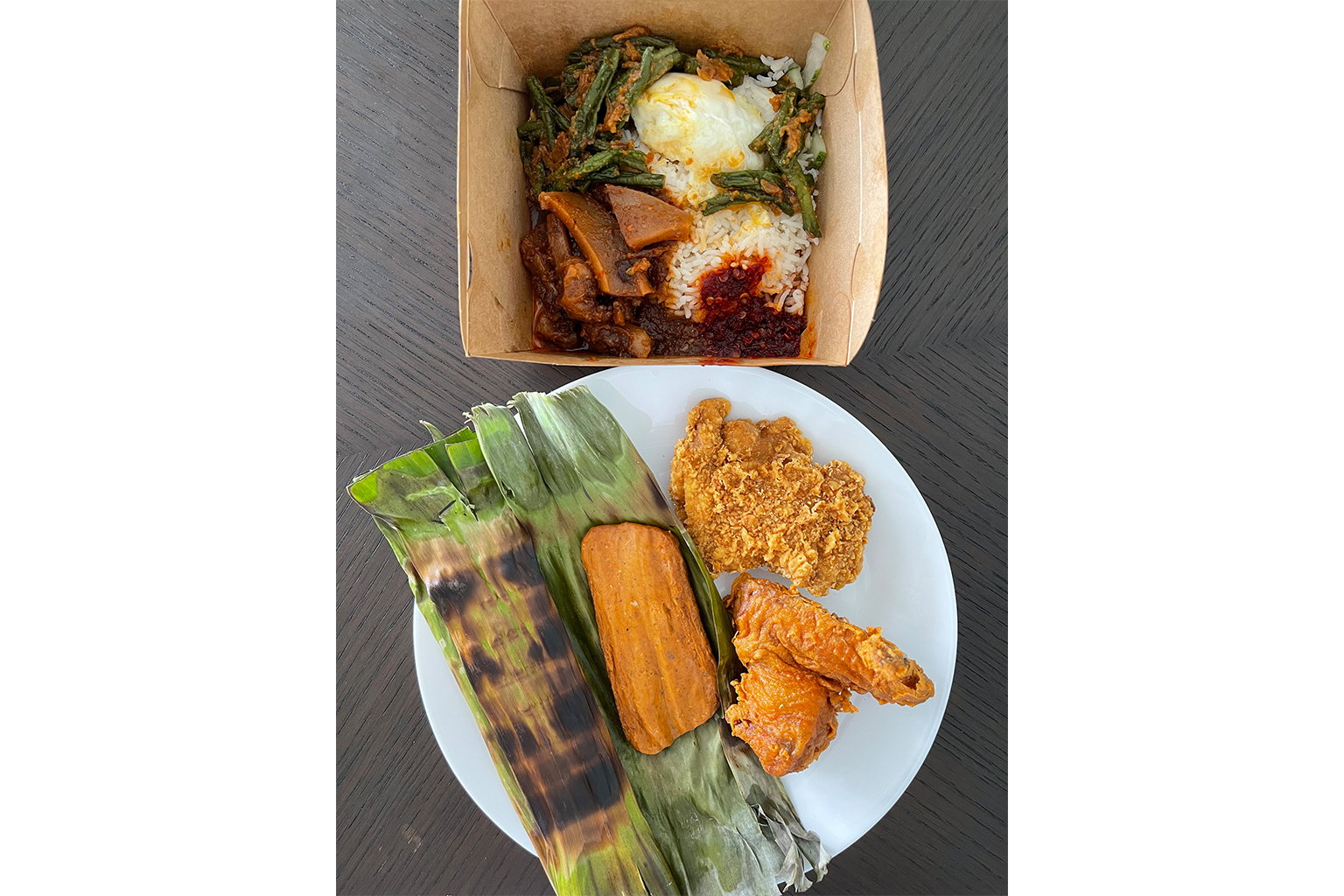 Crave's Nasi Lemak With Sambal Cuttlefish and Sambal Long Beans (left, above) and Otah, Chicken Cutlet and Chicken Wing.
