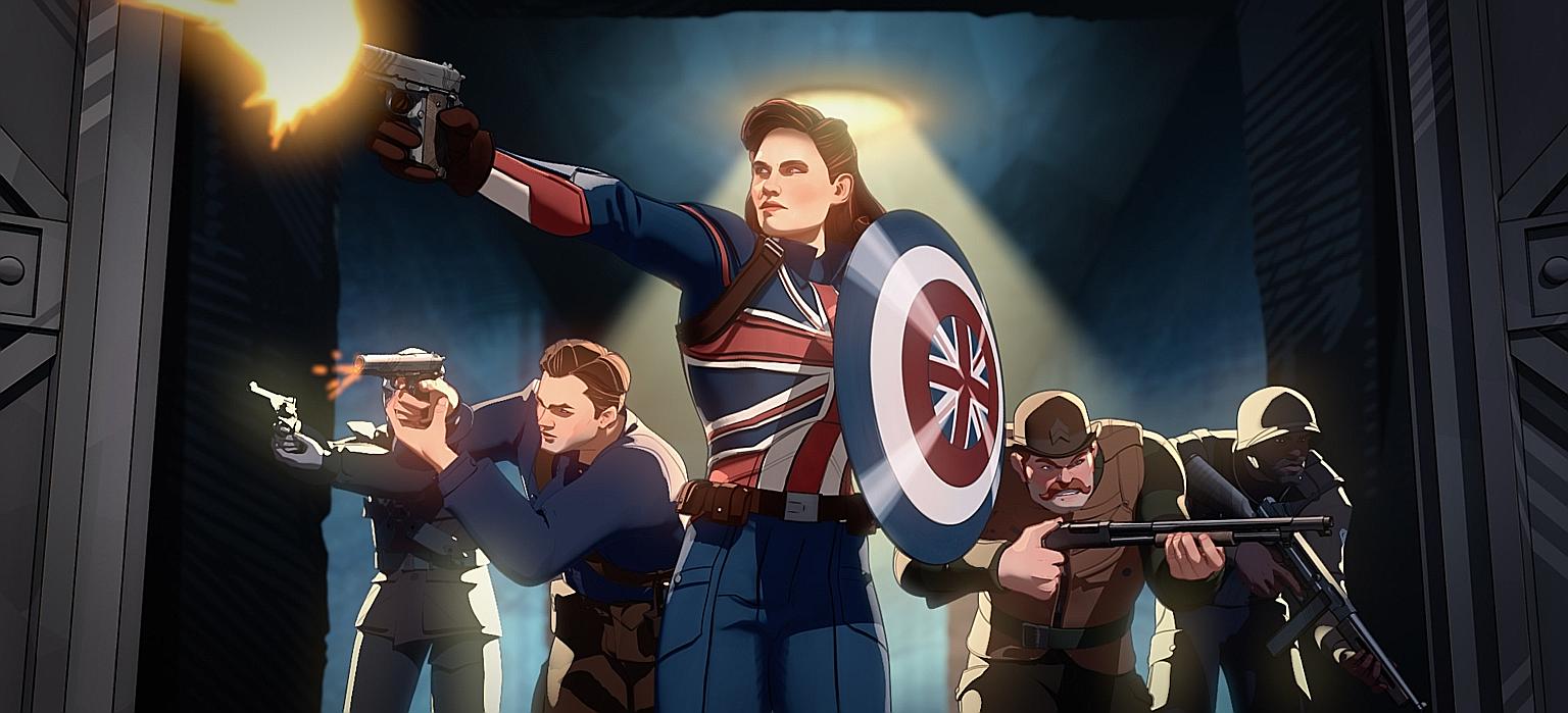 Peggy Carter carrying a shield as Captain Britain in What If...?'s take on Captain America's origin story.