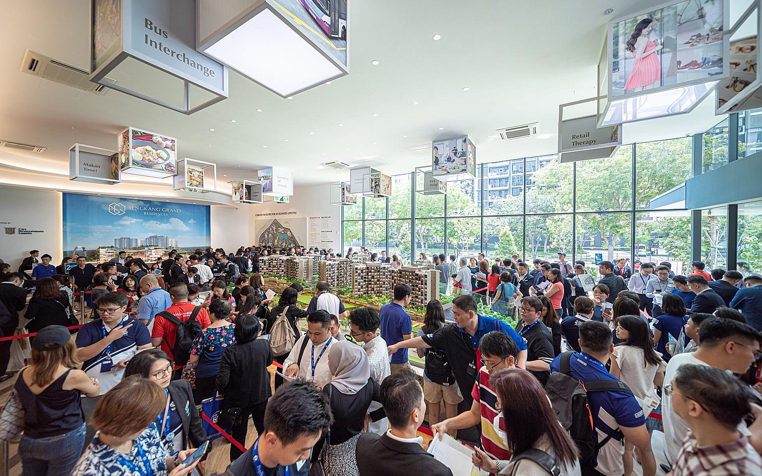 The crowd at the launch of Sengkang Grand Residences in late 2019. City Developments Limited has a launch pipeline of close to 2,000 residential units from four upcoming properties.