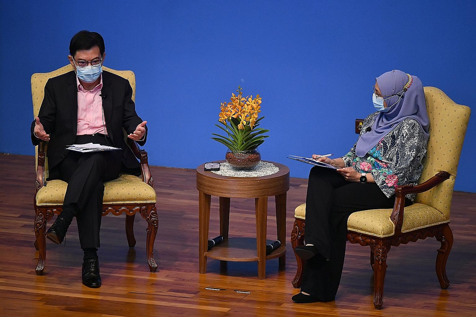 Deputy Prime Minister Heng Swee Keat engaging in a virtual dialogue with staff, students and alumni at a forum organised by the National University of Singapore yesterday to commemorate its 115th anniversary. The question and answer segment was moder