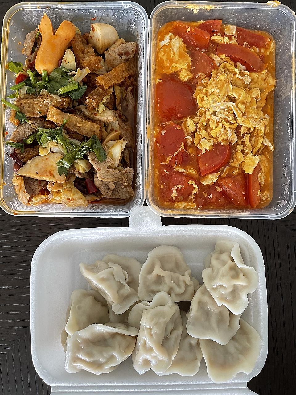 (Clockwise from top left) Dry mala xiang guo, stir-fried egg with tomato and dumplings from 57° Mala Xiang Guo.